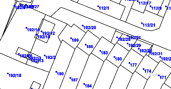 Parcela st. 186 v KÚ Práče, Katastrální mapa