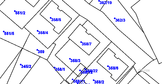 Parcela st. 358/7 v KÚ Práče, Katastrální mapa
