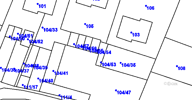 Parcela st. 104/54 v KÚ Práče, Katastrální mapa