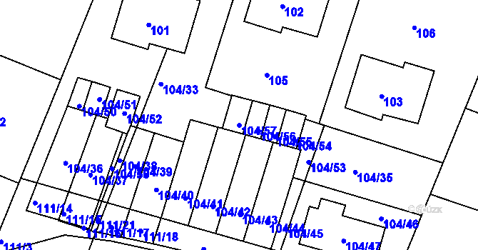 Parcela st. 104/57 v KÚ Práče, Katastrální mapa