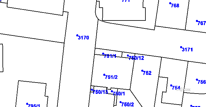 Parcela st. 751/1 v KÚ Krč, Katastrální mapa