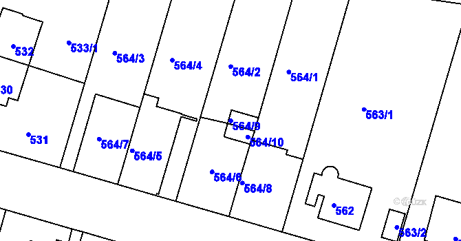 Parcela st. 564/9 v KÚ Hodkovičky, Katastrální mapa