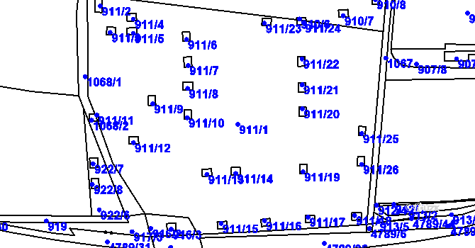 Parcela st. 911/1 v KÚ Hodkovičky, Katastrální mapa