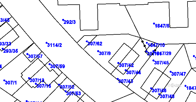 Parcela st. 307/9 v KÚ Braník, Katastrální mapa