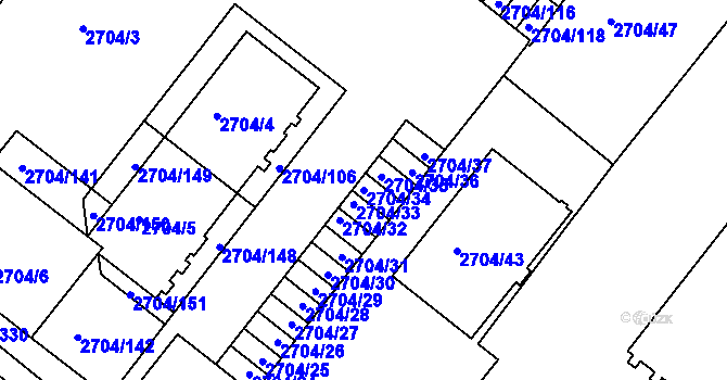 Parcela st. 2704/34 v KÚ Braník, Katastrální mapa