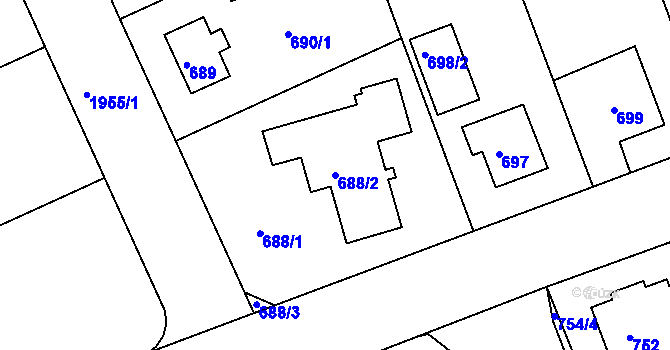 Parcela st. 688/2 v KÚ Lhotka, Katastrální mapa