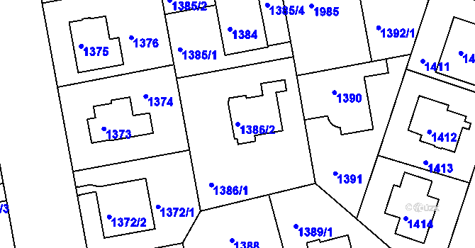 Parcela st. 1386/2 v KÚ Lhotka, Katastrální mapa