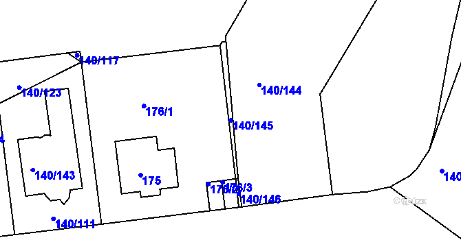 Parcela st. 140/145 v KÚ Lhotka, Katastrální mapa