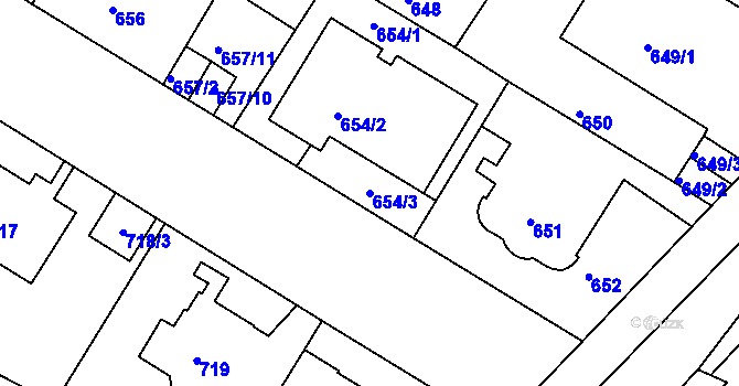 Parcela st. 654/3 v KÚ Podolí, Katastrální mapa