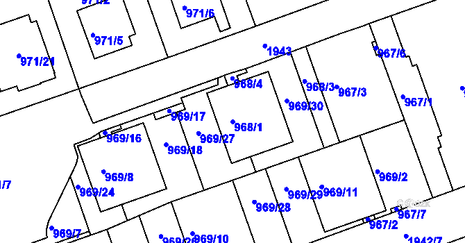 Parcela st. 968/1 v KÚ Podolí, Katastrální mapa