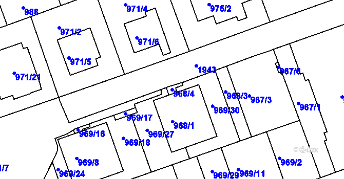 Parcela st. 968/4 v KÚ Podolí, Katastrální mapa