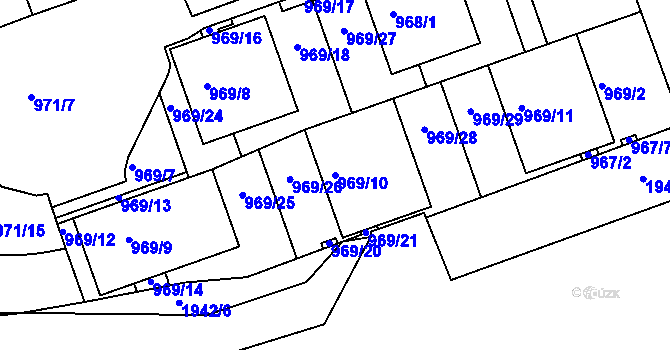 Parcela st. 969/10 v KÚ Podolí, Katastrální mapa