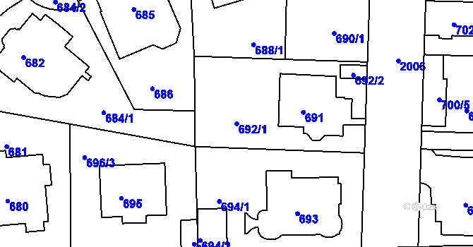 Parcela st. 692/1 v KÚ Podolí, Katastrální mapa
