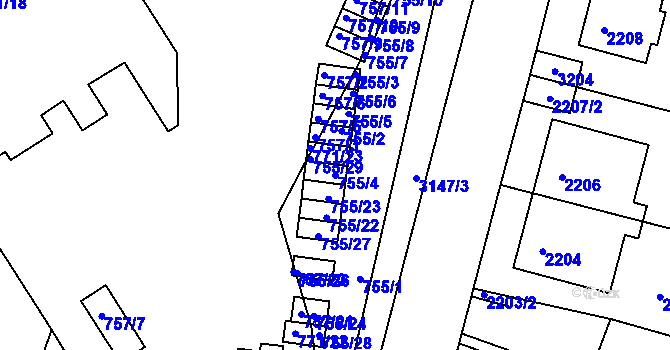 Parcela st. 755/4 v KÚ Nusle, Katastrální mapa