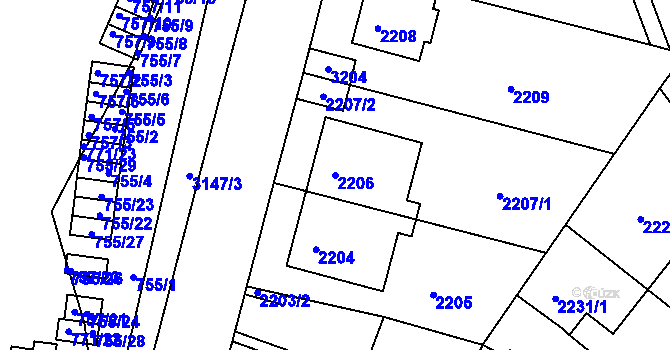 Parcela st. 2206 v KÚ Nusle, Katastrální mapa