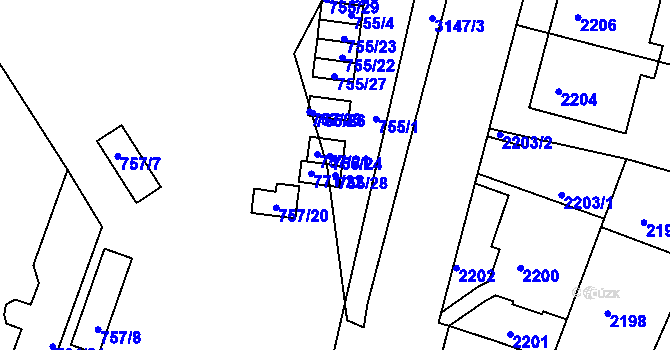 Parcela st. 755/28 v KÚ Nusle, Katastrální mapa