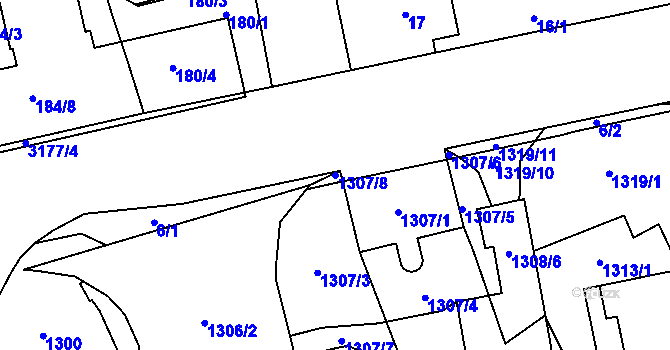 Parcela st. 1307/8 v KÚ Chodov, Katastrální mapa