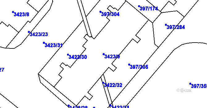 Parcela st. 3423/9 v KÚ Chodov, Katastrální mapa