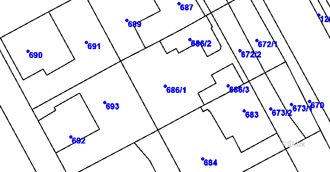 Parcela st. 686/1 v KÚ Chodov, Katastrální mapa