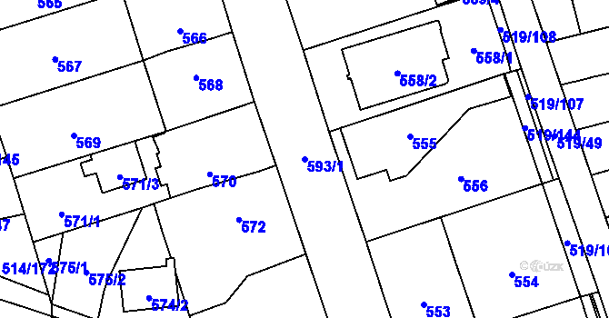 Parcela st. 593/1 v KÚ Háje, Katastrální mapa