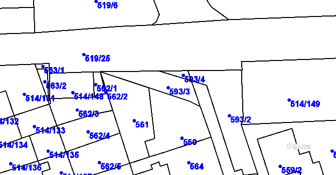 Parcela st. 593/3 v KÚ Háje, Katastrální mapa
