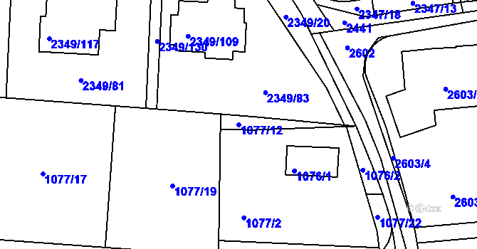 Parcela st. 1077/12 v KÚ Kunratice, Katastrální mapa
