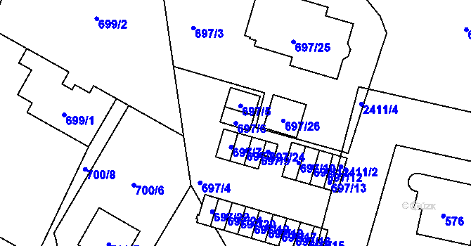 Parcela st. 697/6 v KÚ Kunratice, Katastrální mapa