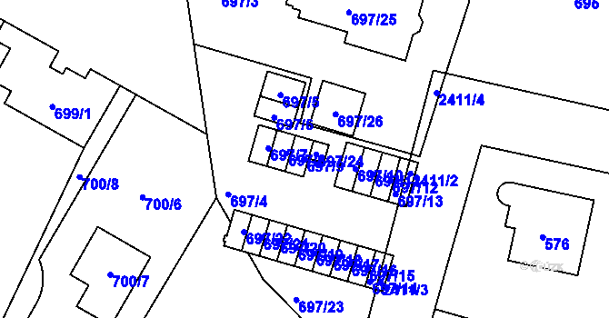 Parcela st. 697/9 v KÚ Kunratice, Katastrální mapa
