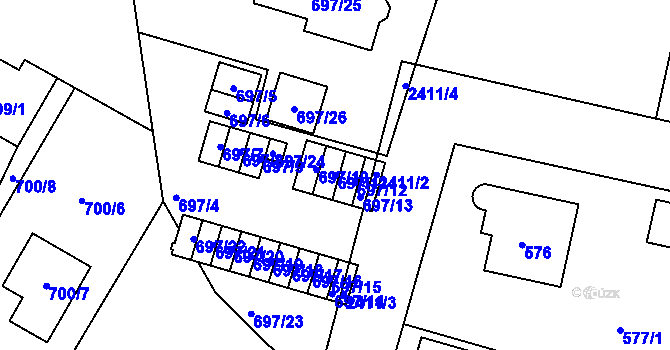 Parcela st. 697/11 v KÚ Kunratice, Katastrální mapa