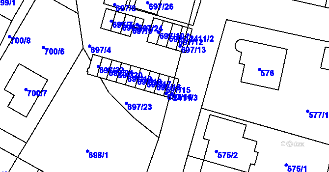 Parcela st. 697/15 v KÚ Kunratice, Katastrální mapa