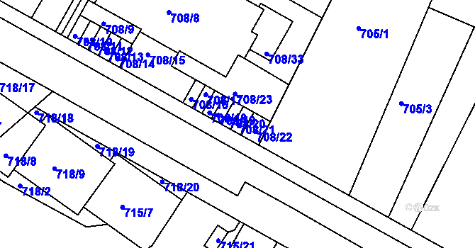 Parcela st. 708/21 v KÚ Kunratice, Katastrální mapa