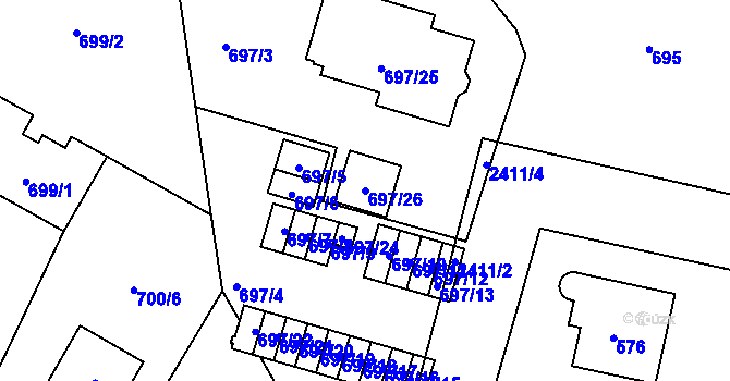 Parcela st. 697/26 v KÚ Kunratice, Katastrální mapa
