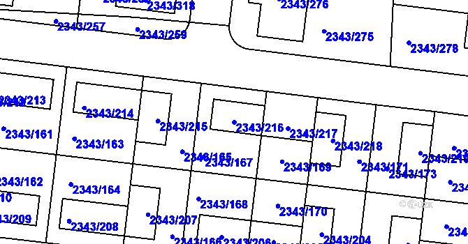 Parcela st. 2343/216 v KÚ Kunratice, Katastrální mapa