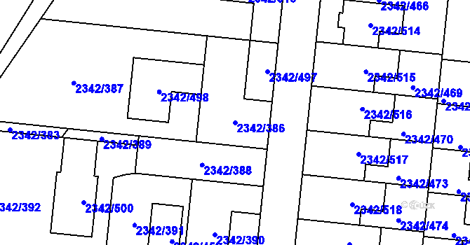 Parcela st. 2342/386 v KÚ Kunratice, Katastrální mapa
