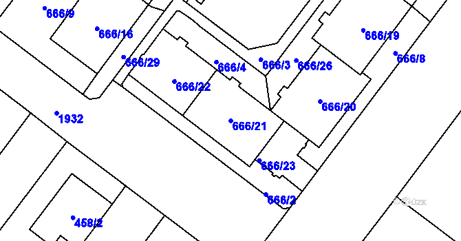 Parcela st. 666/21 v KÚ Kamýk, Katastrální mapa