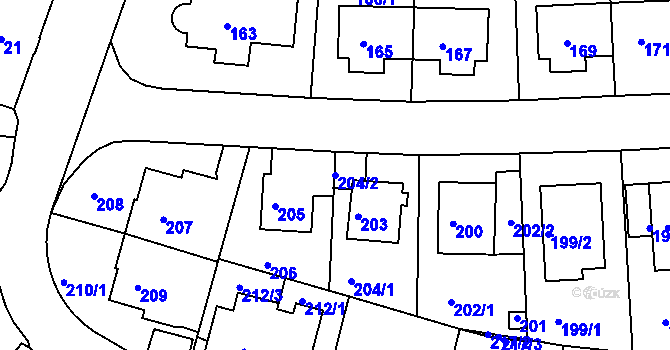 Parcela st. 204/2 v KÚ Komořany, Katastrální mapa