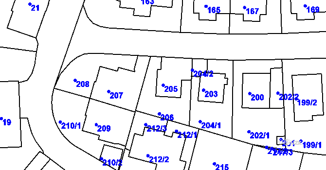 Parcela st. 205 v KÚ Komořany, Katastrální mapa