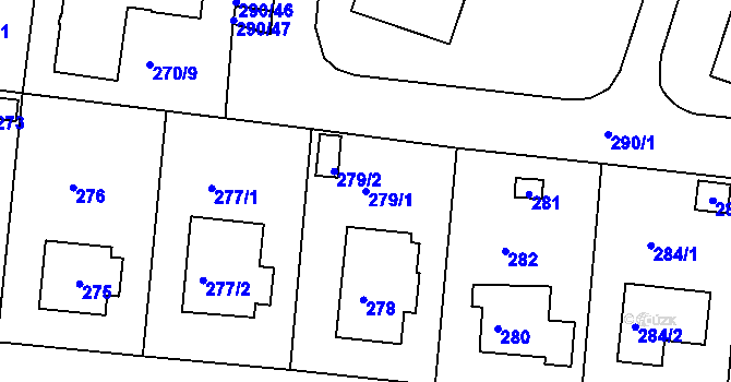 Parcela st. 279/1 v KÚ Komořany, Katastrální mapa