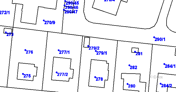 Parcela st. 279/2 v KÚ Komořany, Katastrální mapa