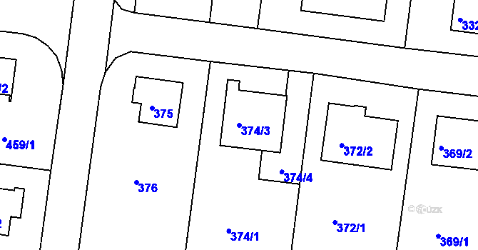 Parcela st. 374/3 v KÚ Komořany, Katastrální mapa
