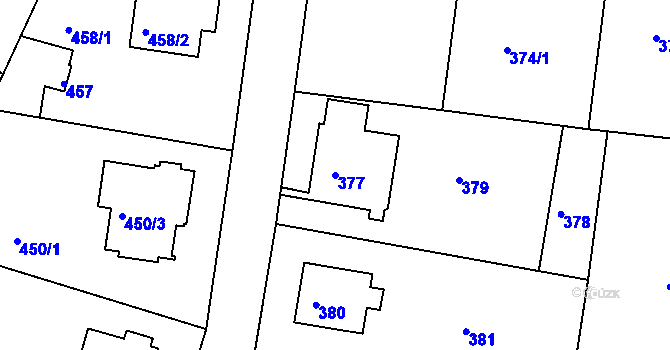 Parcela st. 377 v KÚ Komořany, Katastrální mapa