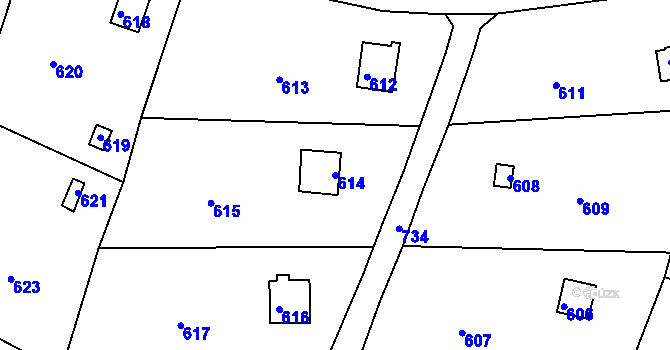 Parcela st. 614 v KÚ Komořany, Katastrální mapa