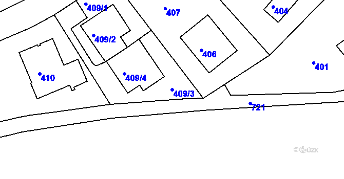 Parcela st. 409/3 v KÚ Komořany, Katastrální mapa