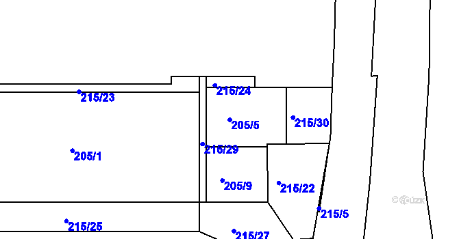 Parcela st. 205/5 v KÚ Modřany, Katastrální mapa