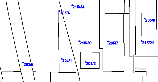 Parcela st. 215/20 v KÚ Modřany, Katastrální mapa