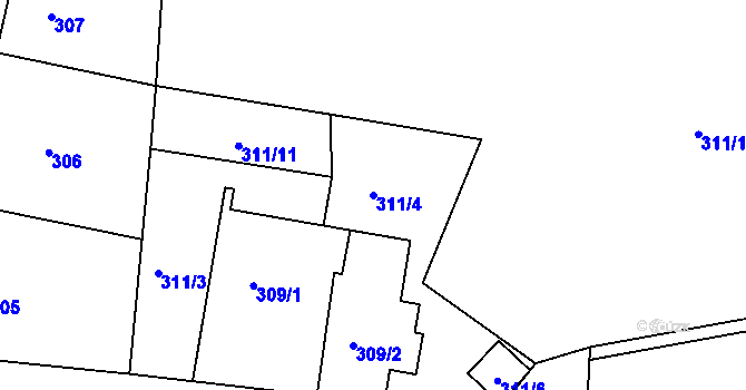 Parcela st. 311/4 v KÚ Modřany, Katastrální mapa