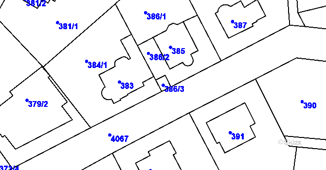 Parcela st. 386/3 v KÚ Modřany, Katastrální mapa