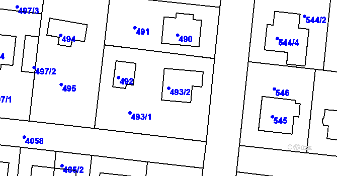 Parcela st. 493/2 v KÚ Modřany, Katastrální mapa