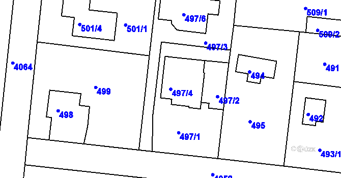 Parcela st. 497/4 v KÚ Modřany, Katastrální mapa