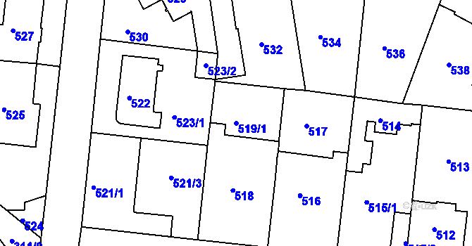 Parcela st. 519/1 v KÚ Modřany, Katastrální mapa